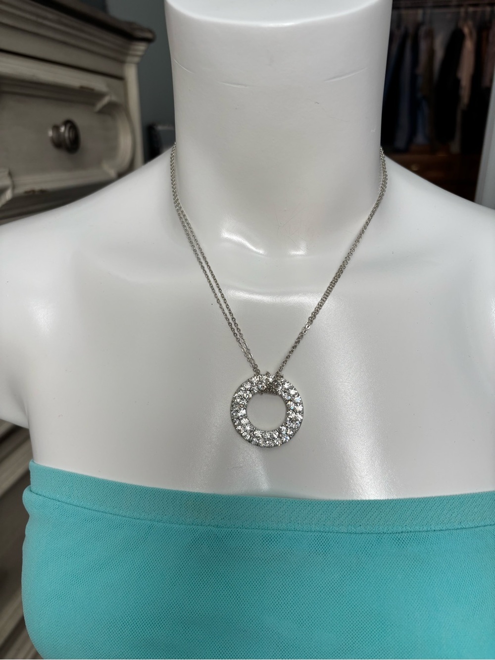 Silver Crystal Circle Pendant Necklace - Sparkling Open Circle Design